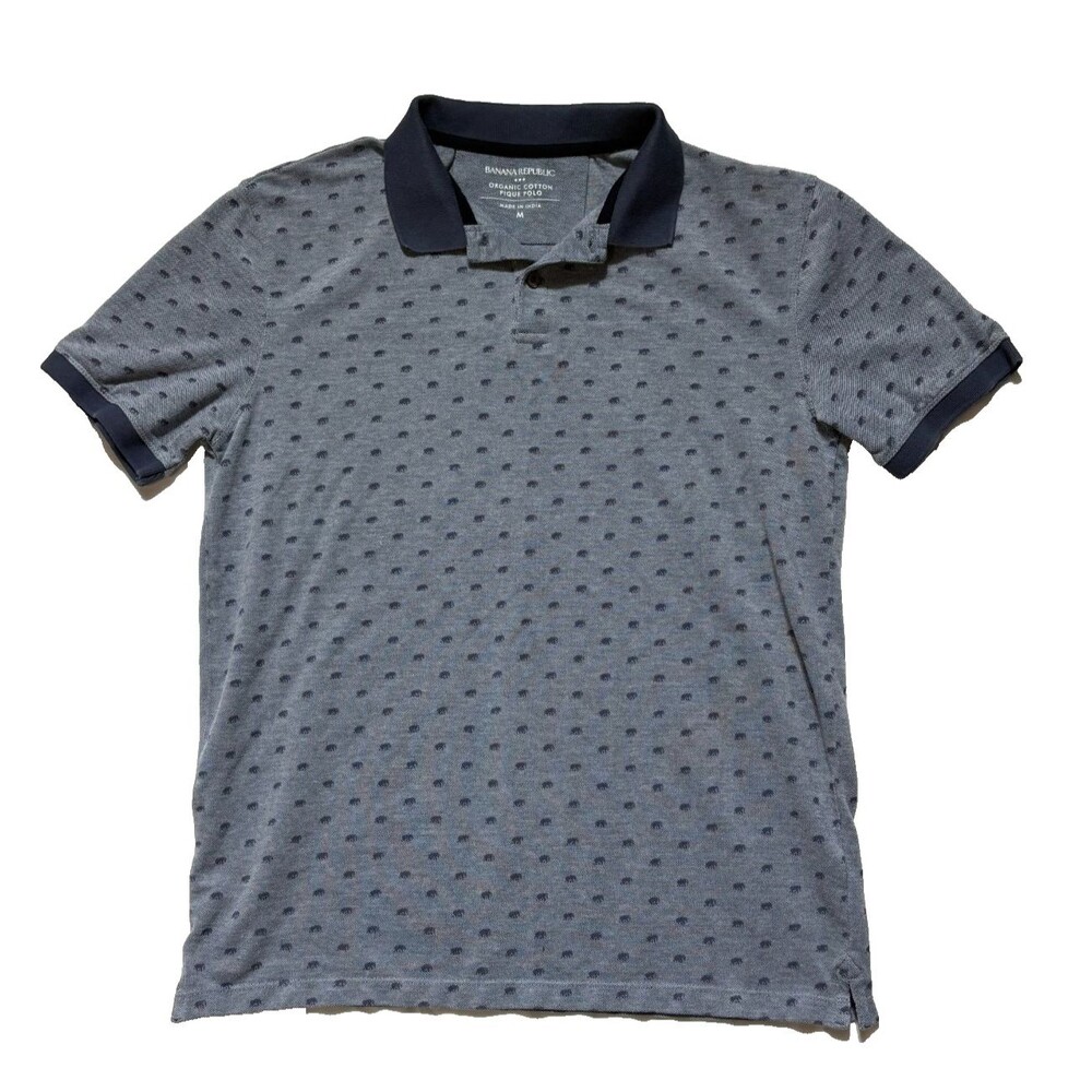Banana Republic Mens M Polo Shirt Gray Blue Organic Cotton Elephant Microprint